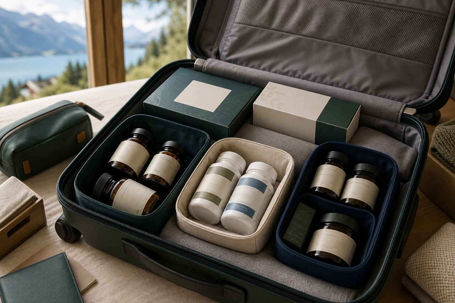 Supplements organized by label in travel pouches and boxes